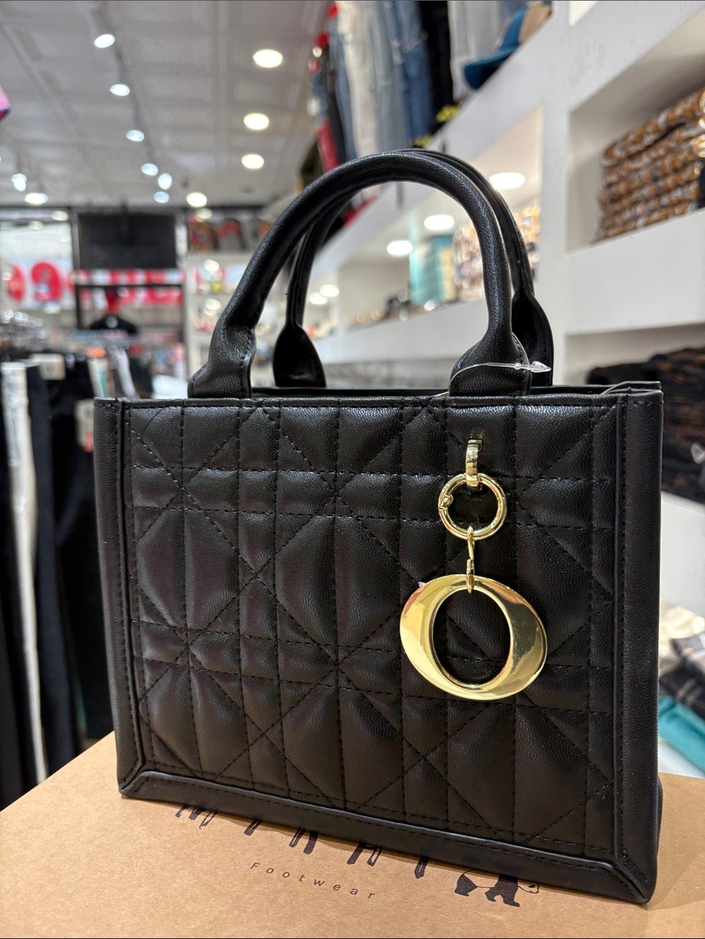 Black Quilted Tote Bag with Gold Ring Charm